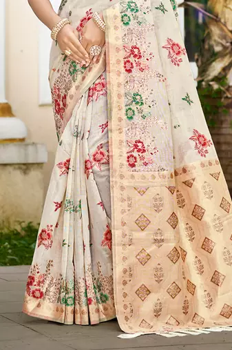off-white cottan silk blend with meena woven work traditional saree