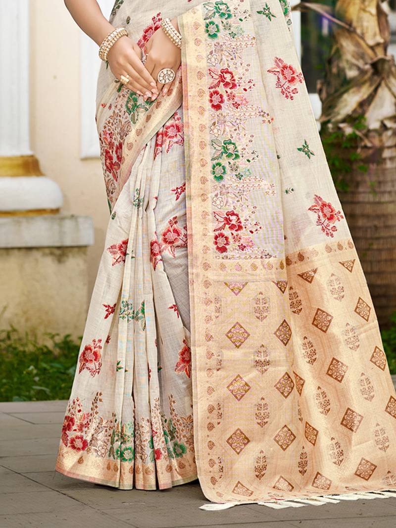 off-white cottan silk blend with meena woven work traditional saree