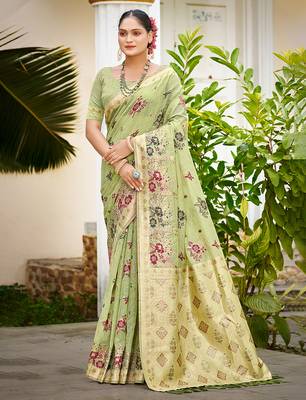 light green cottan silk blend with meena woven work traditional saree 1