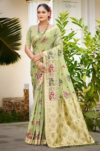light green cottan silk blend with meena woven work traditional saree