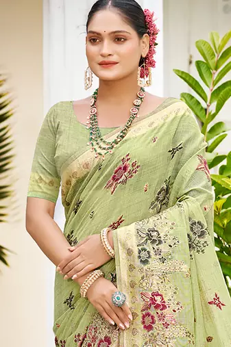 light green cottan silk blend with meena woven work traditional saree
