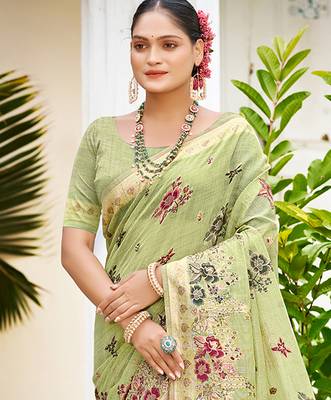 light green cottan silk blend with meena woven work traditional saree 3
