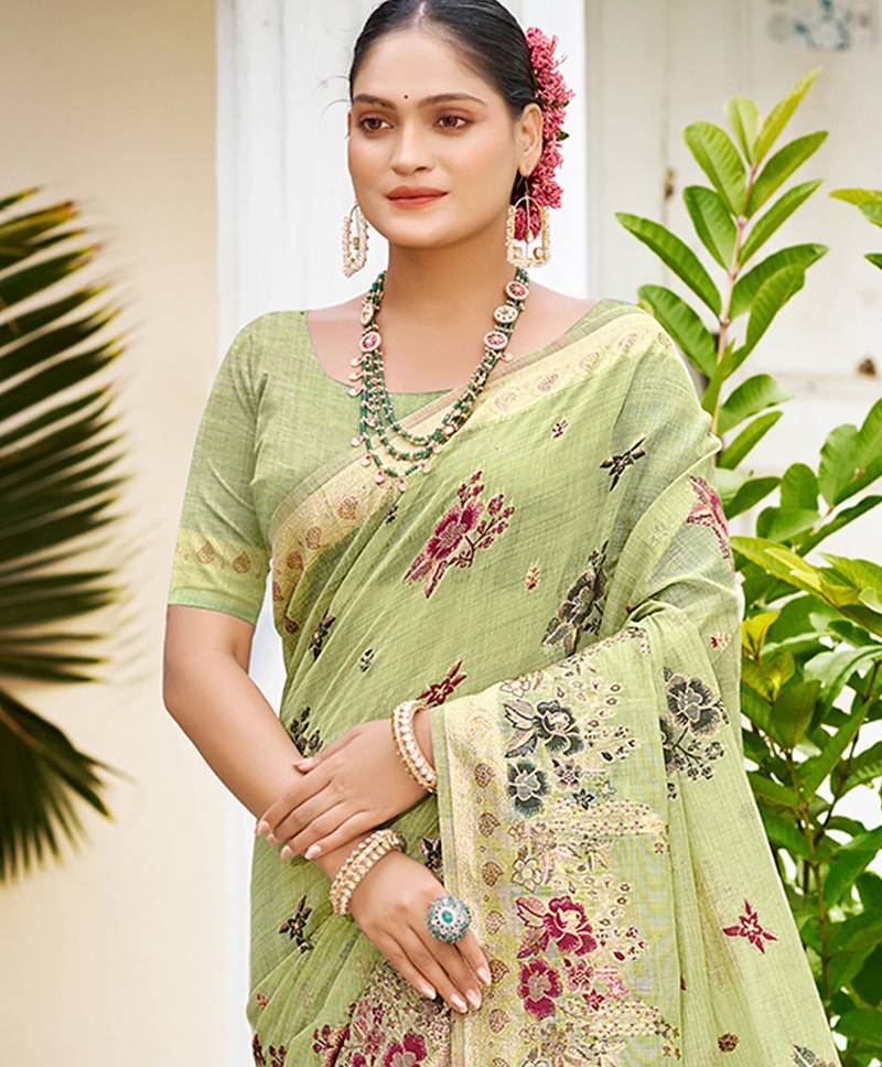 light green cottan silk blend with meena woven work traditional saree