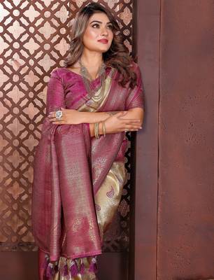 crean faux banarasi tissue silk blend blend woven rich paithani ceremonial saree 5