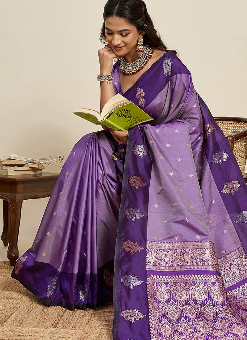 lavender color soft art silk fabric designer ethnic woven traditional saree