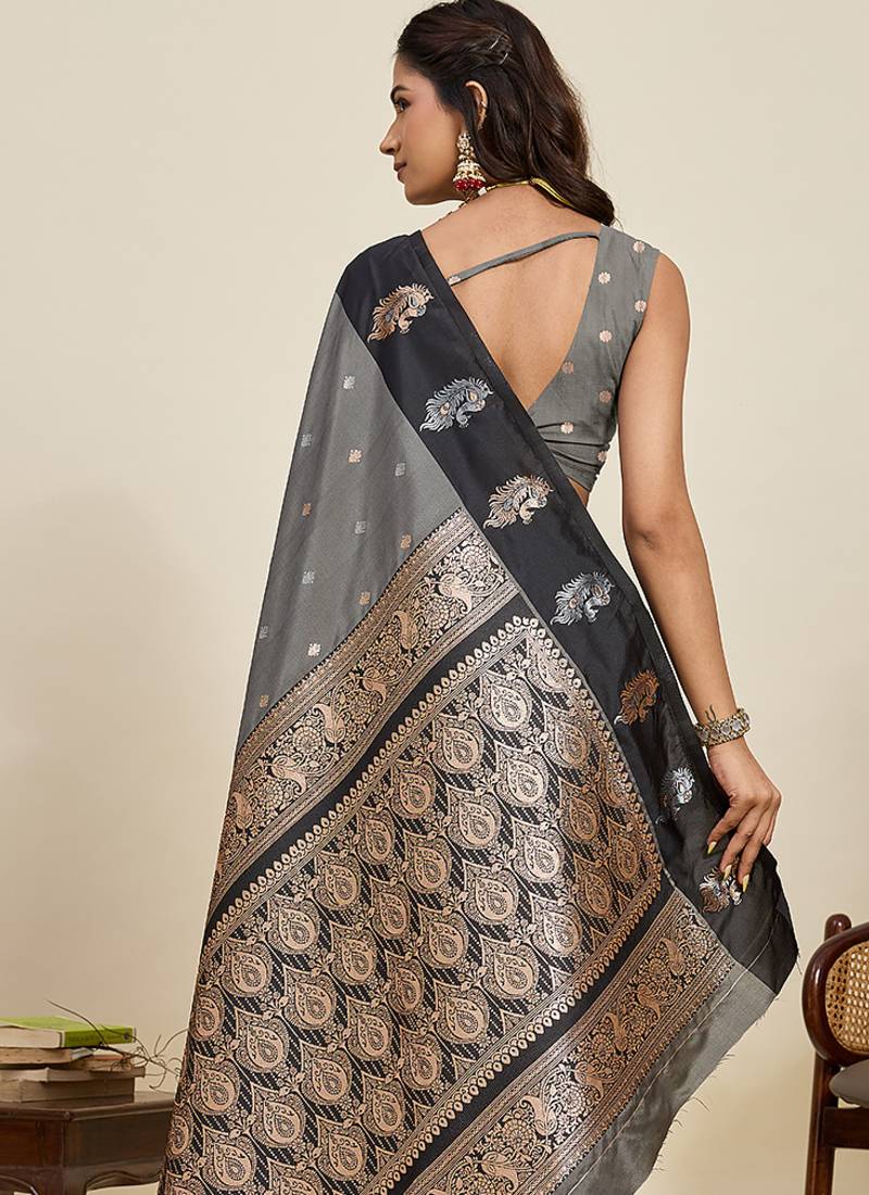 grey color soft art silk fabric designer ethnic woven traditional saree