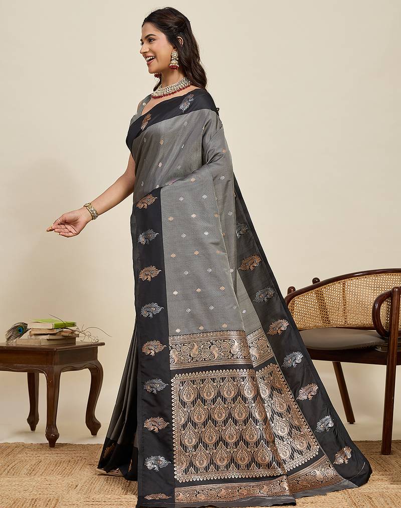 grey color soft art silk fabric designer ethnic woven traditional saree