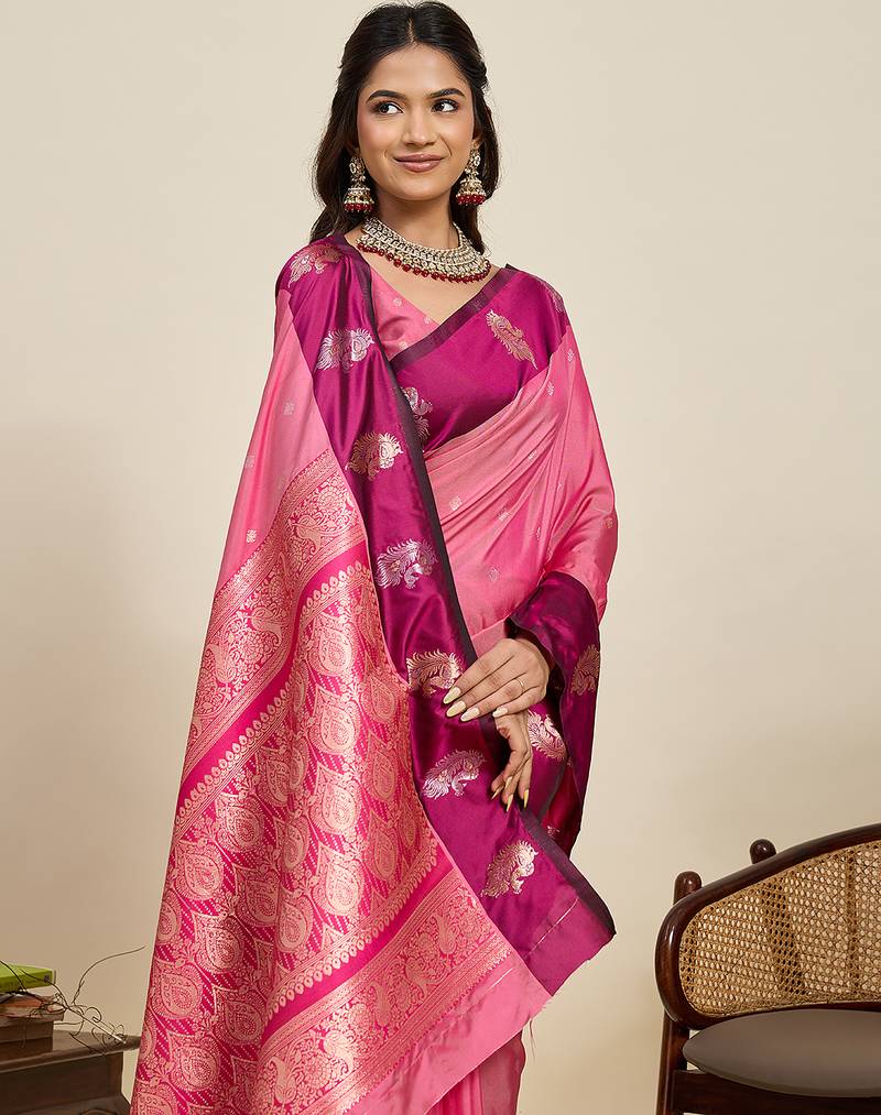 pink color soft art silk fabric designer ethnic woven traditional saree