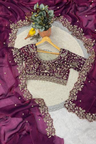 Plum Color Embroidered Fandy Satin Silk Blend Saree