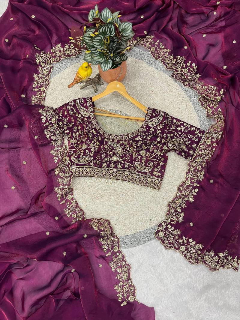Plum Color Embroidered Fandy Satin Silk Blend Saree