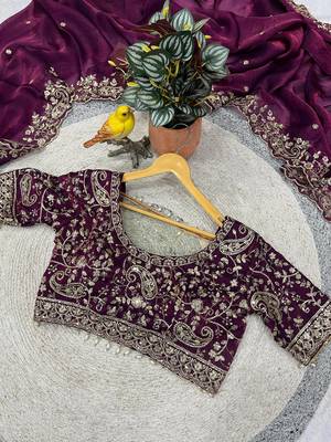 Plum Color Embroidered Fandy Satin Silk Blend Saree 2