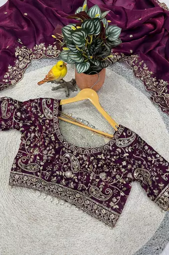 Plum Color Embroidered Fandy Satin Silk Blend Saree