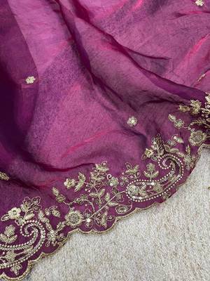 Plum Color Embroidered Fandy Satin Silk Blend Saree 3