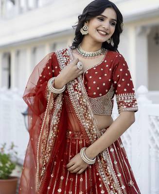 Trendmalls Satin Embroidery with Golden Sequin work Lehenga Choli with Dupatta - Bridal Choli for Women 6