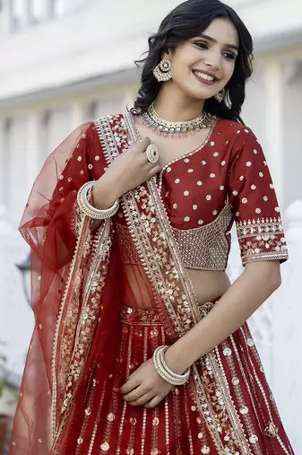 Trendmalls Satin Embroidery with Golden Sequin work Lehenga Choli with Dupatta - Bridal Choli for Women