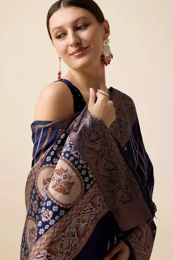 blue jacquard art silk blend graceful woven saree