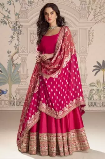 Red vichitra silk anarkali suit with embroidery sequence work-Free size Stitched