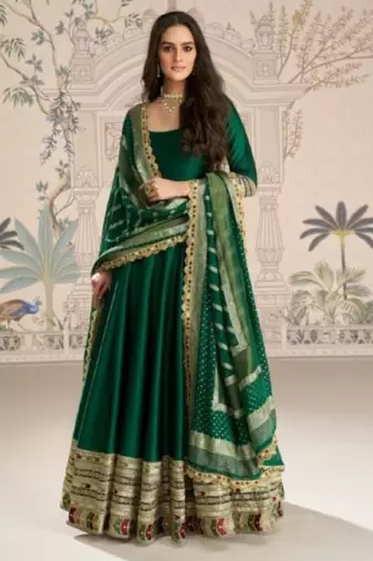 D green vichitra silk anarkali suit with embroidery sequence work-Free size Stitched