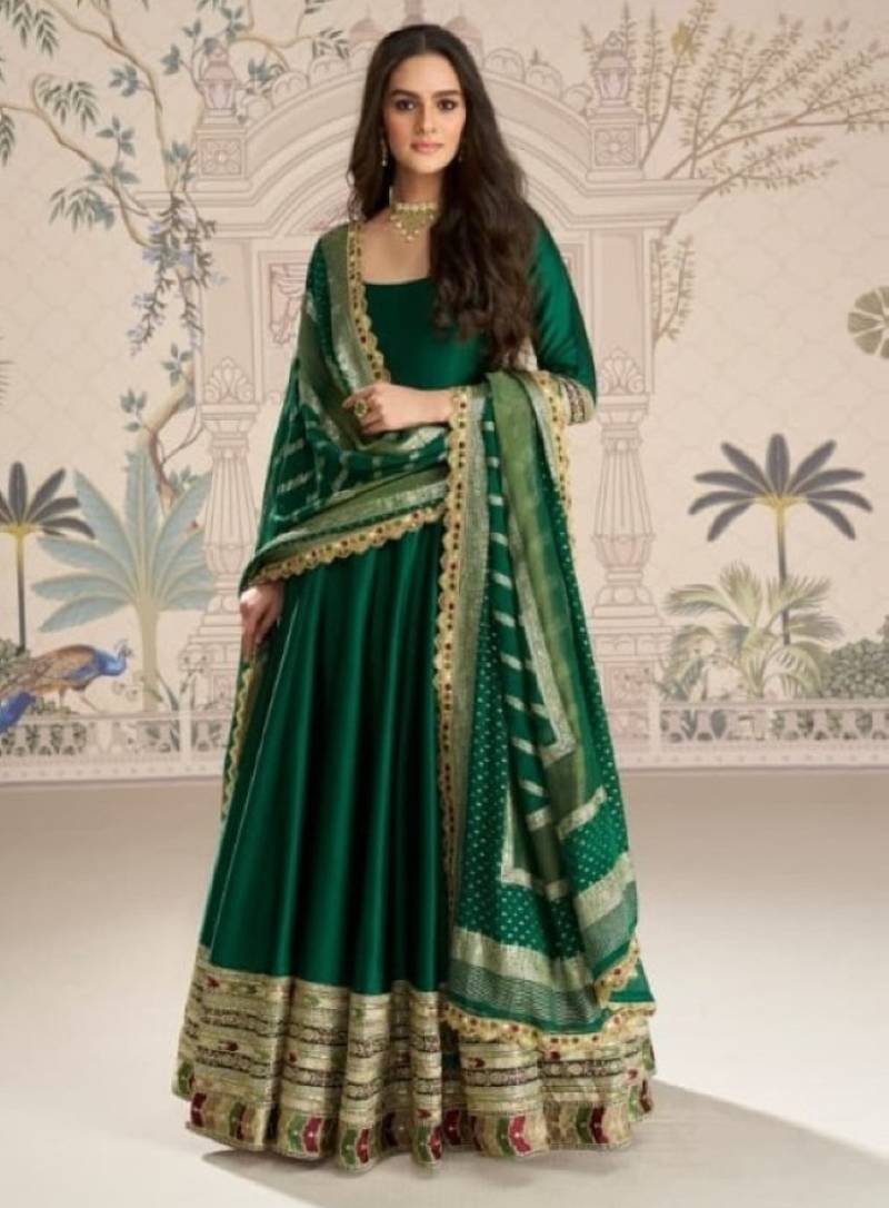 D green vichitra silk anarkali suit with embroidery sequence work-Free size Stitched
