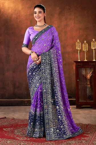 purple color designer georgette fabric designer sequins embroidery work saree