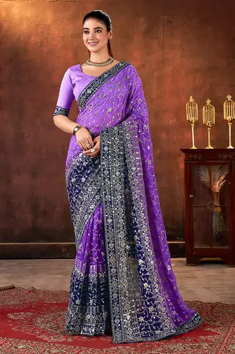 purple color designer georgette fabric designer sequins embroidery work saree