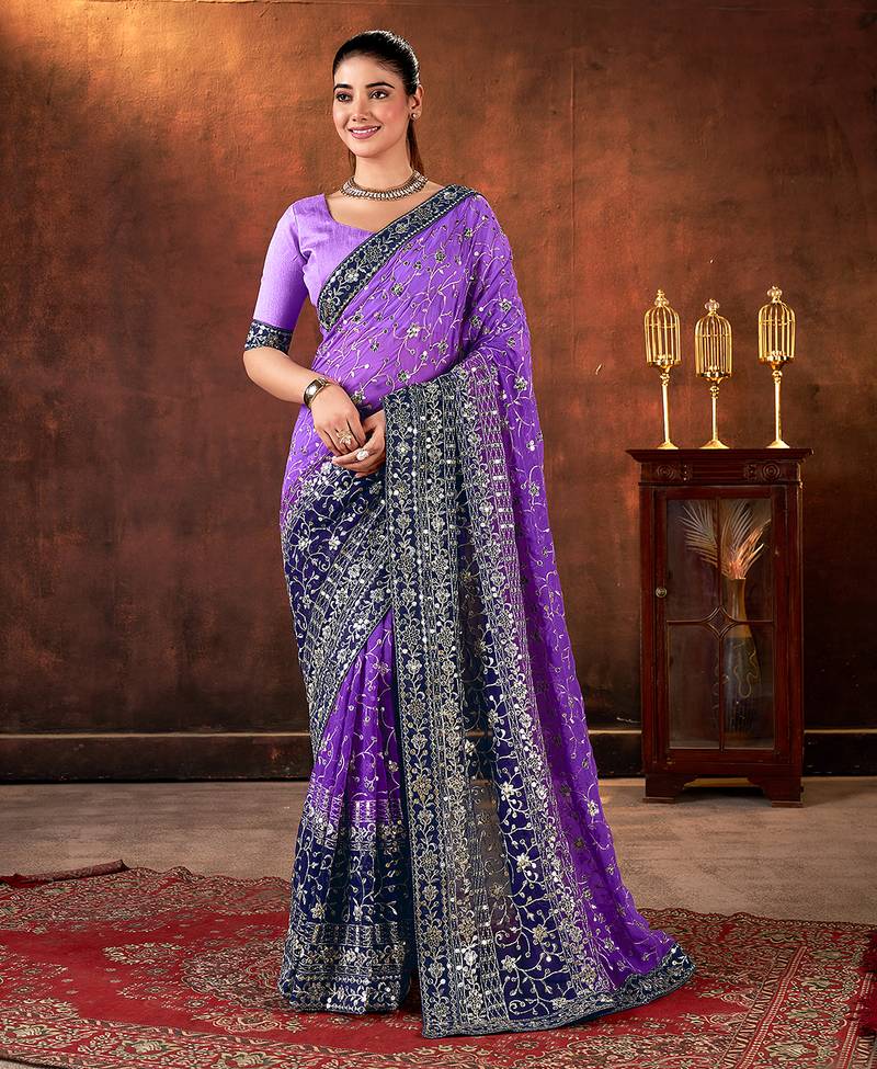 purple color designer georgette fabric designer sequins embroidery work saree