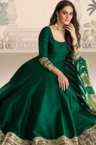 D green vichitra silk anarkali suit with embroidery sequin -Free size Stitched