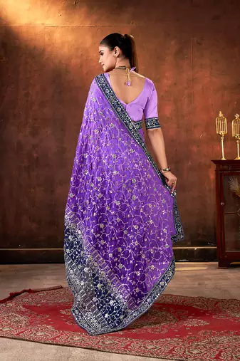purple georgette sequins embroidery work saree