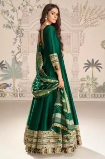 D green vichitra silk anarkali suit with embroidery sequin -Free size Stitched