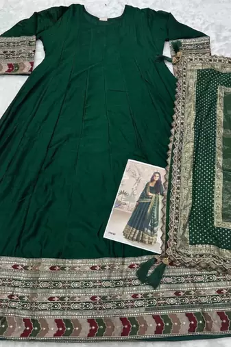D green vichitra silk anarkali suit with embroidery sequin -Free size Stitched