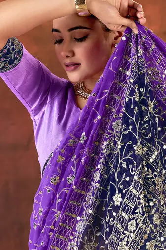 purple georgette sequins embroidery work saree