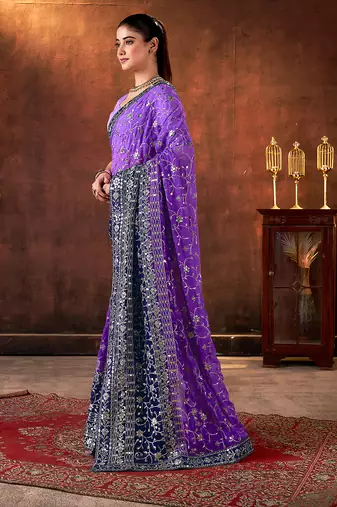 purple georgette sequins embroidery work saree