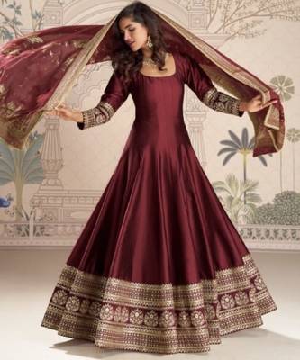 Maroon vichitra silk anarkali suit with embroidery sequence work-Free size Stitched 1
