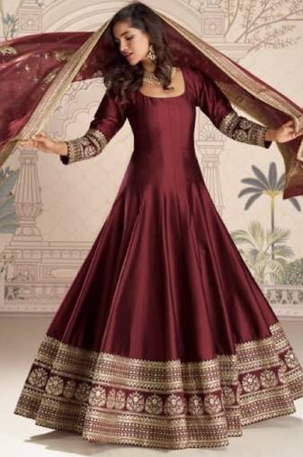 Maroon vichitra silk anarkali suit with embroidery sequence work-Free size Stitched