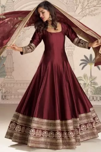 Maroon vichitra silk anarkali suit with embroidery sequence work-Free size Stitched