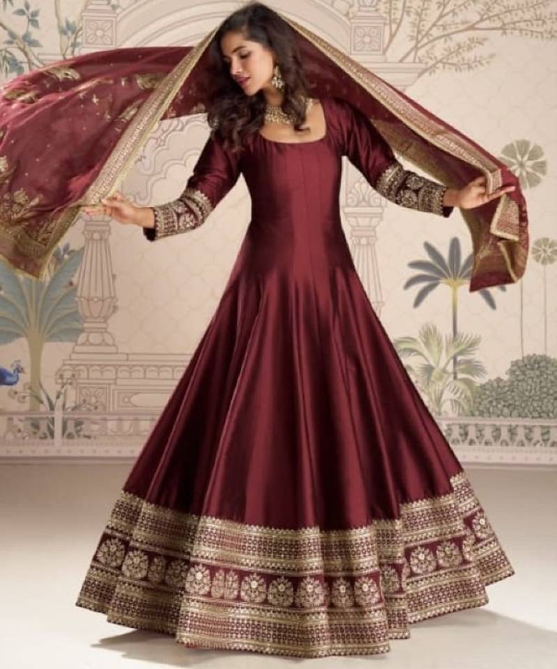 Maroon vichitra silk anarkali suit with embroidery sequence work-Free size Stitched