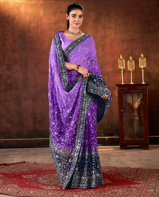 purple georgette sequins embroidery work saree 6