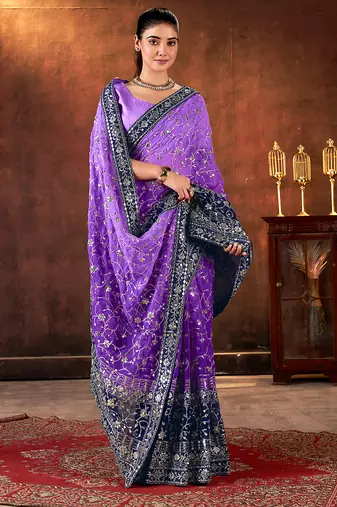 purple georgette sequins embroidery work saree