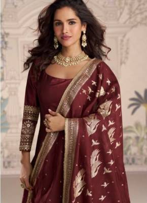 Maroon vichitra silk anarkali suit with embroidery sequence work-Free size Stitched 2