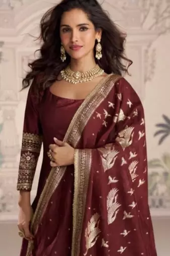 Maroon vichitra silk anarkali suit with embroidery sequin -Free size Stitched