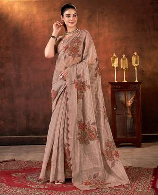 brown tabby organza printed with khatli work saree 1