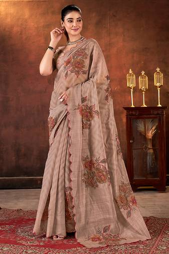 brown color designer tabby organza fabric designer printed with khatli work saree