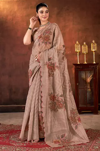 brown color designer tabby organza fabric designer printed with khatli work saree