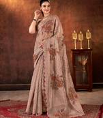 brown color designer tabby organza fabric designer printed with khatli work saree