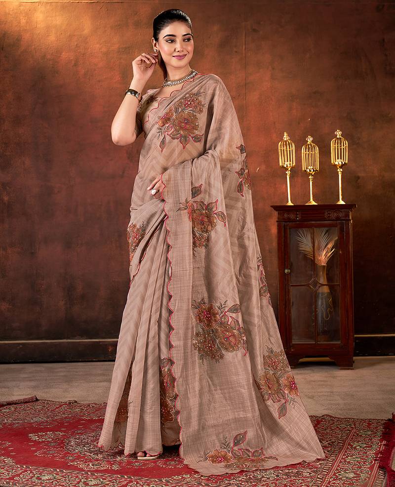 brown color designer tabby organza fabric designer printed with khatli work saree