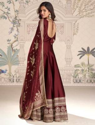 Maroon vichitra silk anarkali suit with embroidery sequence work-Free size Stitched 3