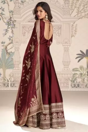 Maroon vichitra silk anarkali suit with embroidery sequin -Free size Stitched