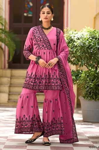 Rani pink chinon readymade sharara suit with embroidery work