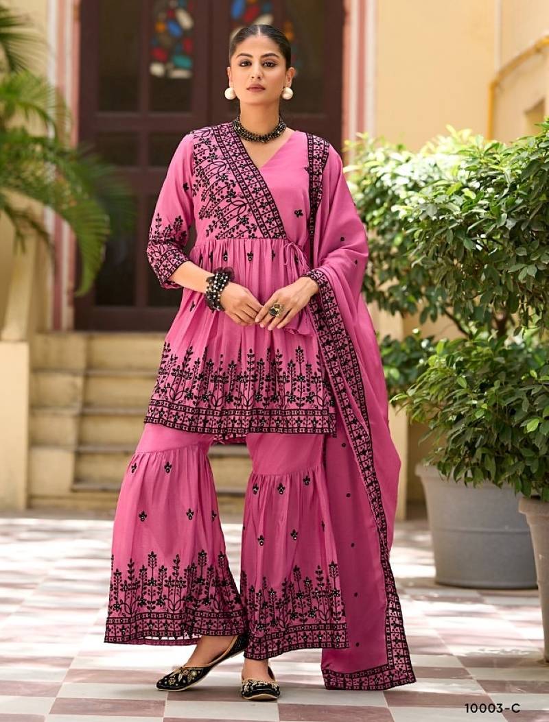 Rani pink chinon readymade sharara suit with embroidery work