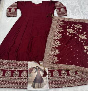Maroon vichitra silk anarkali suit with embroidery sequence work-Free size Stitched 4